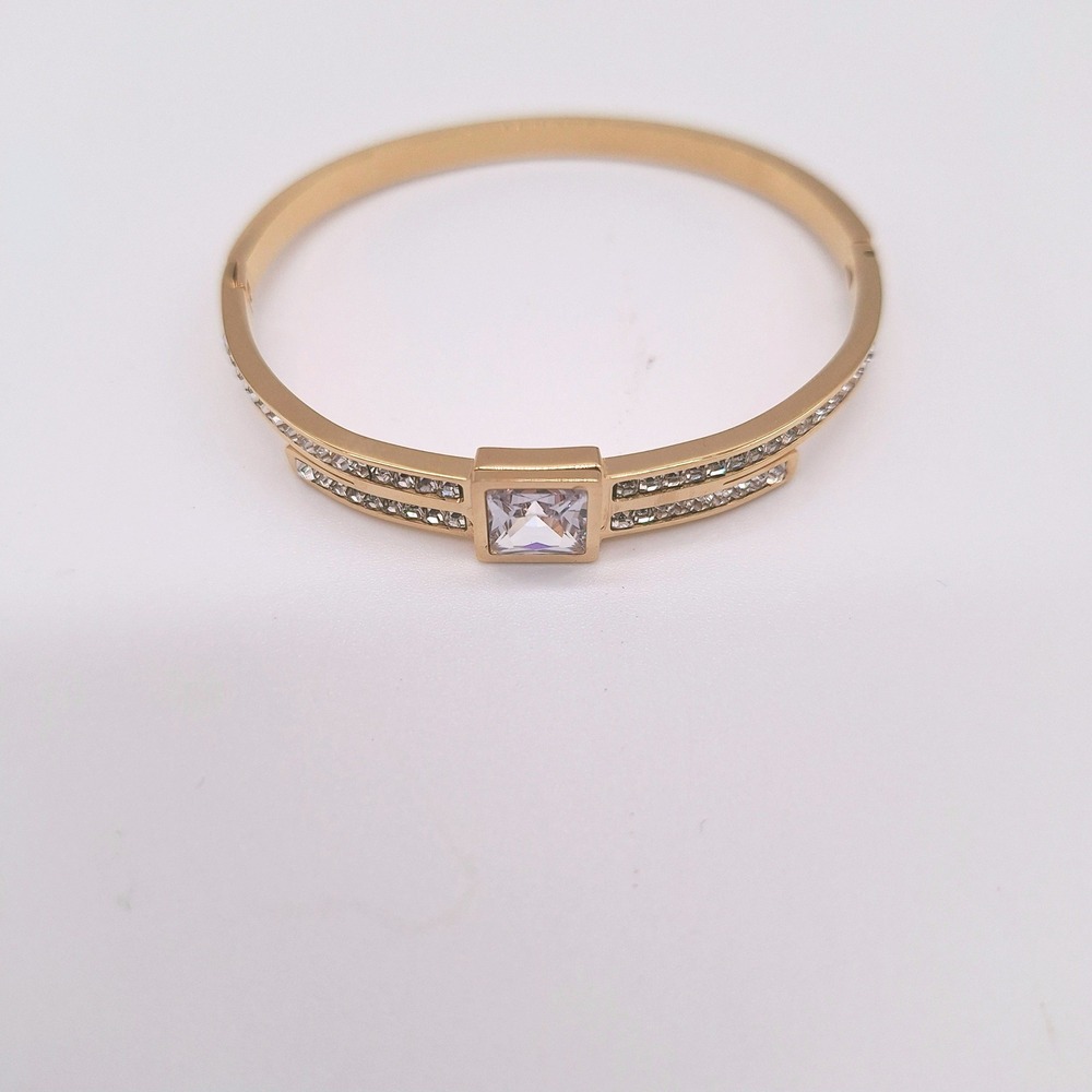 Gold Tone Hinged Bangle Bracelet Princess Cut Crystal Pave Accent Jewelry